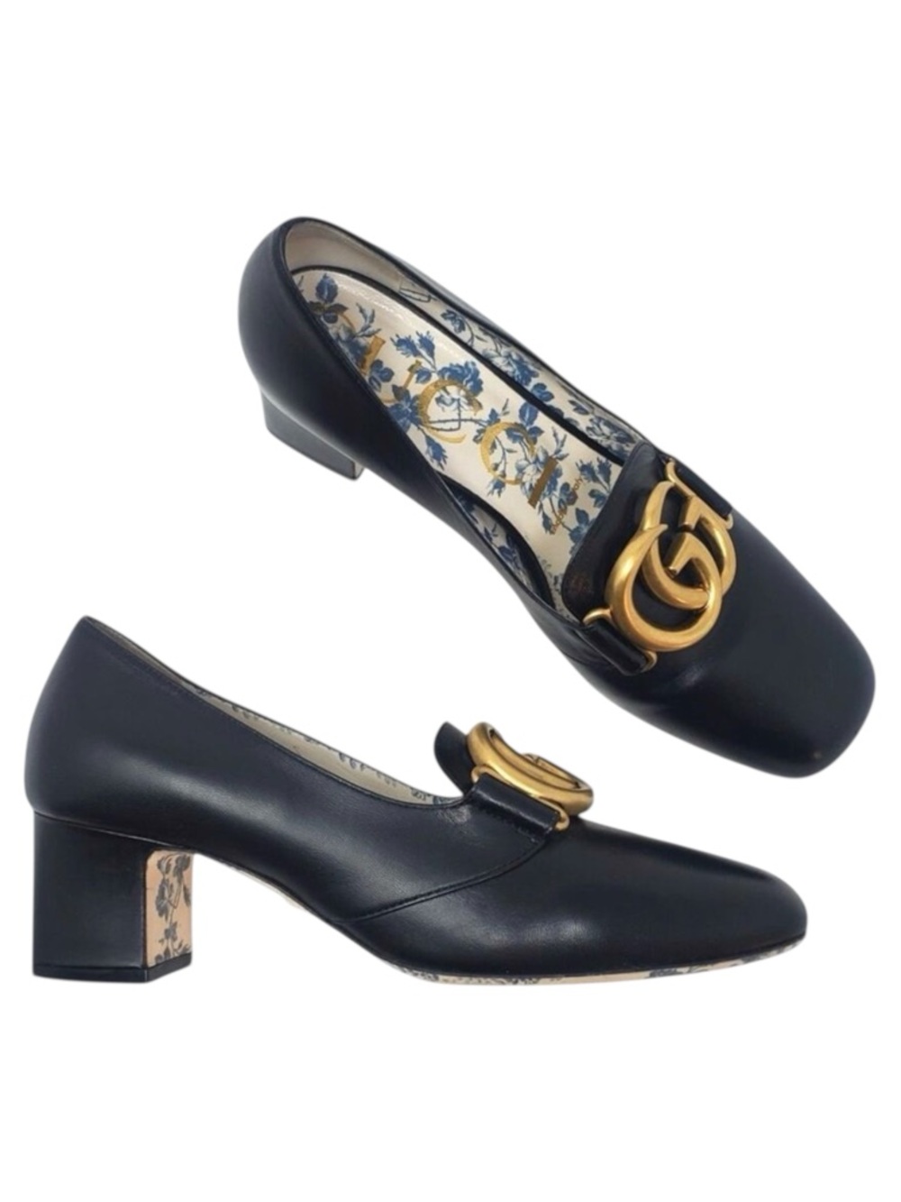 Gucci GG Marmont Victoire Pumps Interlock Leather Black 525333 Size 36.5 US 6.5